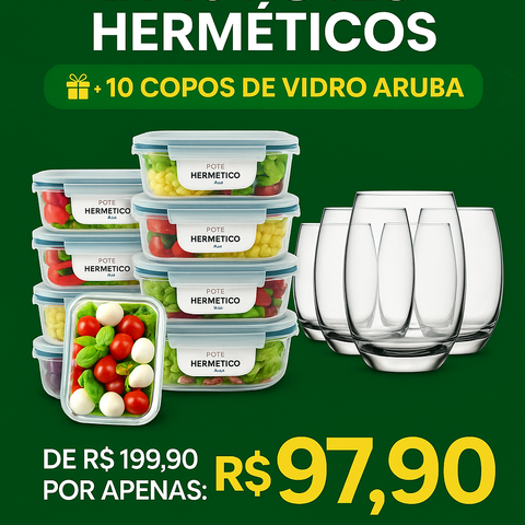 Kit 15 Potes Herméticos de Vidro + 10 Copos de Vidro Aruba de Brinde