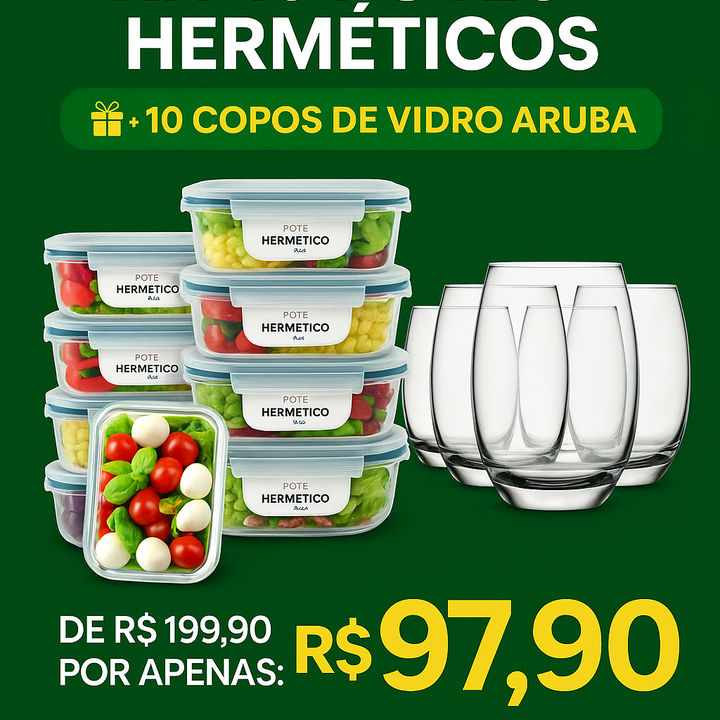 Kit 15 Potes Herméticos de Vidro + 10 Copos de Vidro Aruba de Brinde